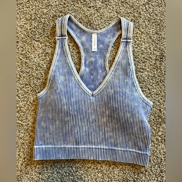 ZENANA• Ribbed Mineral Wash V Neck Bralette•Light Indigo•STYLE 6293A - Picture 2 of 3